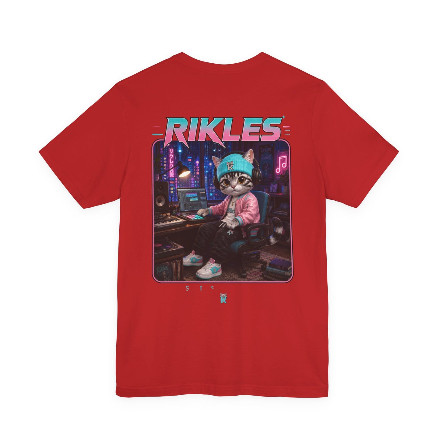 Rikles Cat DJ Graphic Tee — Retro Synthwave Gaming Shirt