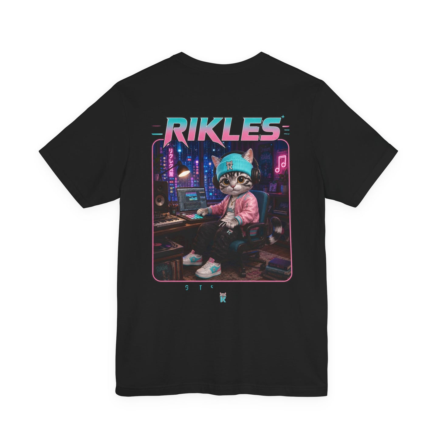 Rikles Cat DJ Graphic Tee — Retro Synthwave Gaming Shirt