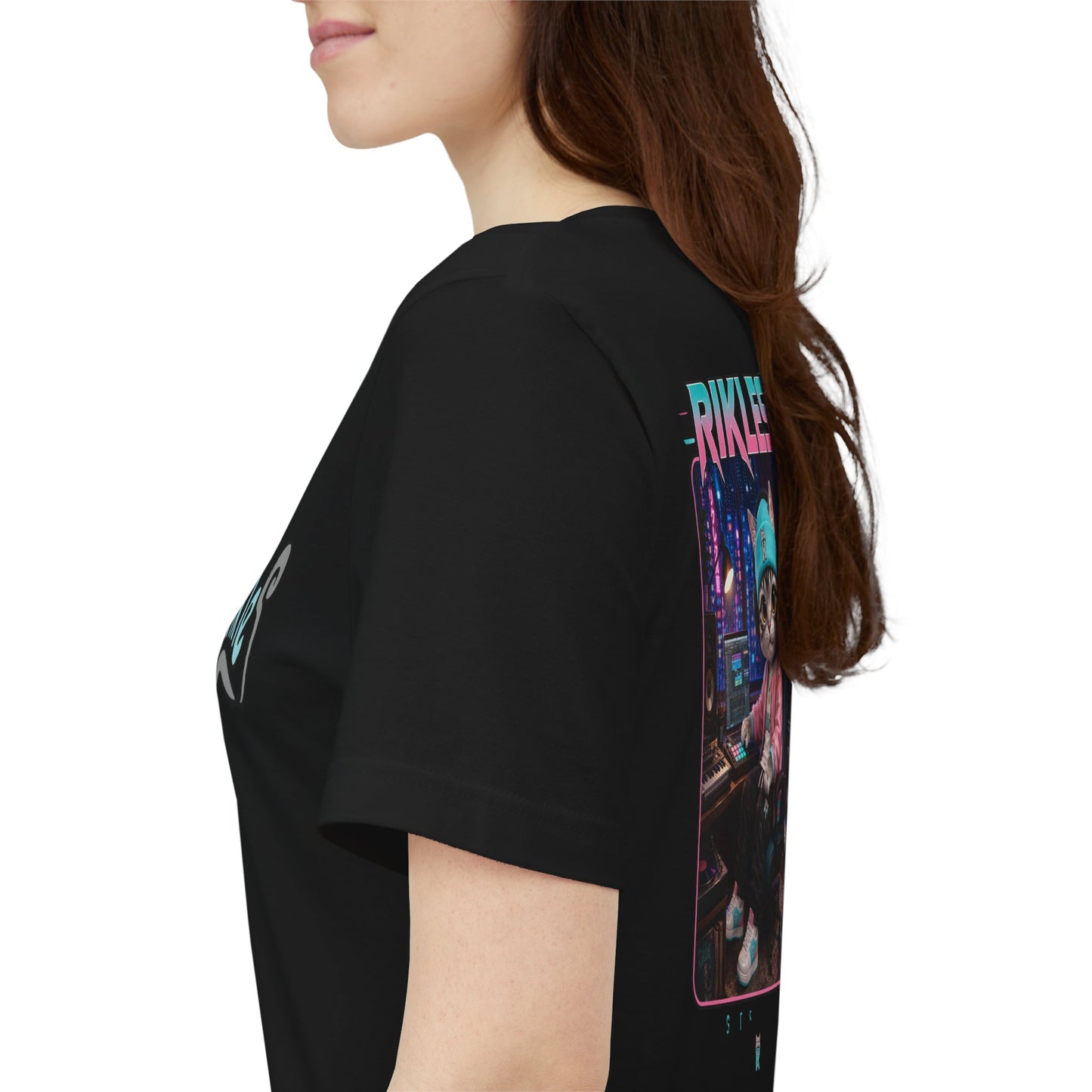 Rikles Cat DJ Graphic Tee — Retro Synthwave Gaming Shirt