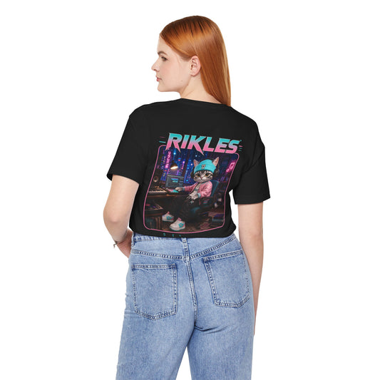 Rikles Cat DJ Graphic Tee — Retro Synthwave Gaming Shirt