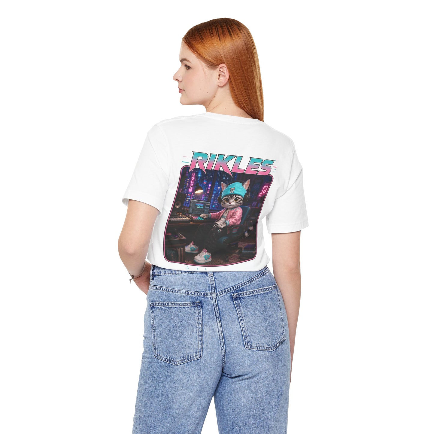 Rikles Cat DJ Graphic Tee — Retro Synthwave Gaming Shirt